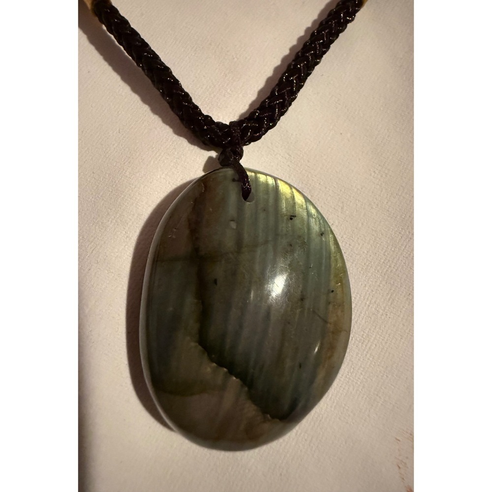 Natural Labradorite Stone Pendant Necklace Braided Adjustable Cord Boho Jewelry